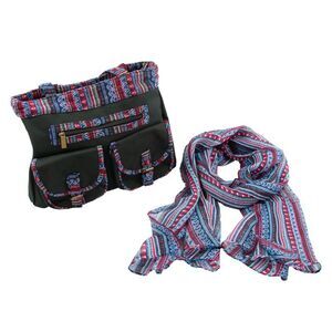 Canyon Sky Women's Blue Denim Aztec Print Handbag and Boho Scarf Set